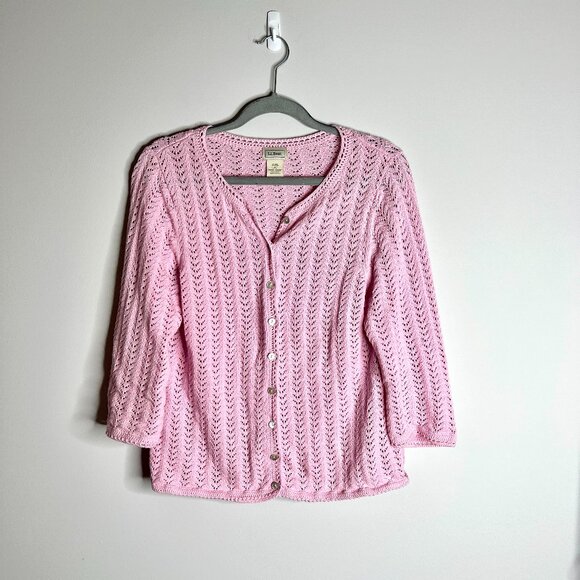 L.L. Bean Sweaters - L.L. Bean Pink Pointelle Open Knit Button-Up Cardigan Linen Blend Cottagecore LP